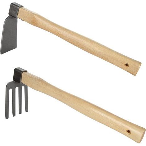 Set di zappa e rastrello da giardino, 2 pezzi, con manico in legno. (1/5)