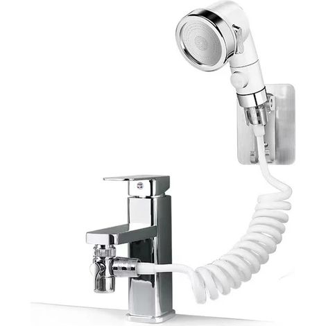 Pommeau de douche 3 jets avec flexible télescopique de 3 m et inverseur 3 voies, en ABS, jet pluie/massage/mixte, pour robinet fileté G1/2 M22 (1/4)