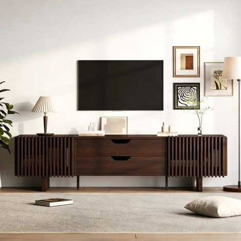 Mueble TV (180x40x45 cm), 2 cajones, puertas con lamas, MDF, color roble oscuro (1/5)