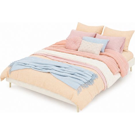 Lit plateforme 160x200 cm beige en tissu doux, base basse moderne, structure métal, montage facile, pour chambre élégante et repos confortable - CHICFURN (1/5)