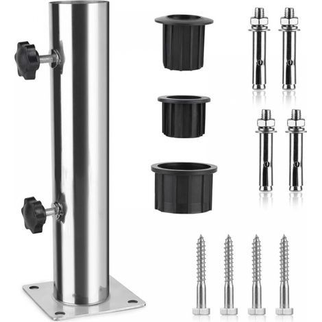 Tube Parasol, Pied de Parasol, Support Parasol en Acier Inoxydable Réglable avec 3 Anneaux de Réduction en PVC (32/38/48mm), Pied pour Parasol avec 8 Clous en Acier (1/5)