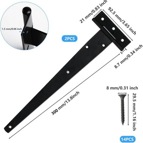 Lot de 2 charnières en T pour charge lourde - Charnières extérieures en T noires - 300 mm - Charnières de porte pliables en forme de T - En métal noir - Pour porte en bois, porte de jardin, fenêtre (1/5)