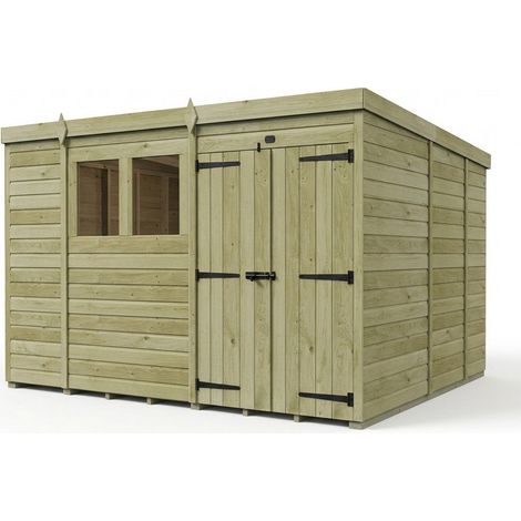 10ft x 9ft Pent Garden Shed Double Door With Windows - Pressure Treated Timber - L305 x W274 x H210 cm - Natural