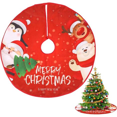 Tapis de sapin de Noël 90 cm en tissu rouge et blanc, jupe de protection pour le pied du sapin, décoration pour les fêtes de Noël, le week-end en famille et le jardin. (1/5)