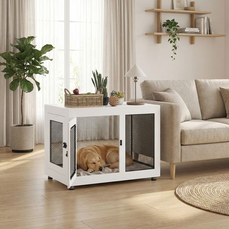 PawHut Hundebox mit Beistelltisch für drinnen, mittelgroß, mit 2 Türen, Verschluss und Kissen, 94 x 60 x 71,5 cm, Weiß (1/5)