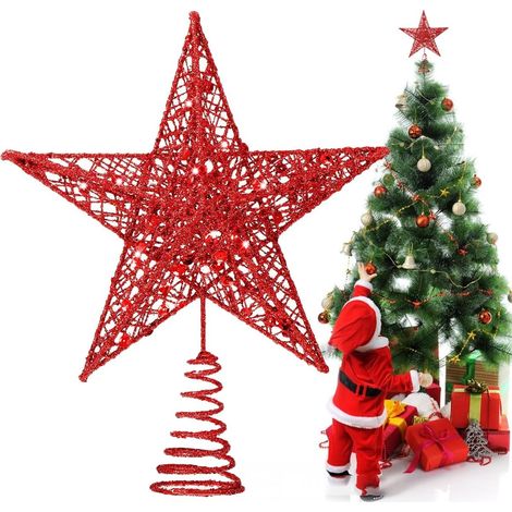 Weihnachtsbaumspitze, Weihnachtsstern-Baumspitze, Stern-Weihnachtsbaumspitze, glitzernde sternförmige Weihnachtsbaumspitze, 20 cm, rot (1/5)