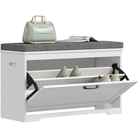Banc à chaussures - HOMCOM - siège rembourré, tiroir basculant et étagère réglable - bois - 80x30x50cm - blanc (1/5)