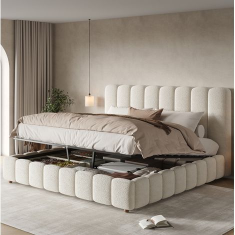 Cama abatible 160x200 cm hidráulica con somier, cabecero y almacenaje, bouclé blanco OKMYHOME (1/5)