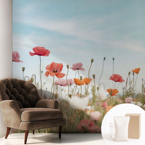 Papier peint décoratif avec colle pour salon, chambre à coucher et bureau – Design moderne et facile à poser Fleurs de pavot 250x250 cm (1/5)