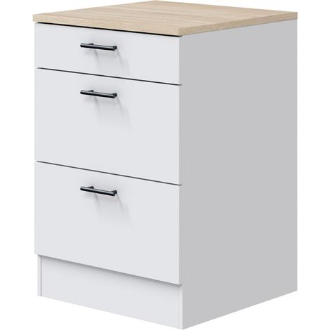 Pegane – Meuble bas de cuisine 3 tiroirs – Plan de travail effet chêne canadien – Dimensions 90x60x60 cm – Bois mélaminé blanc brillant