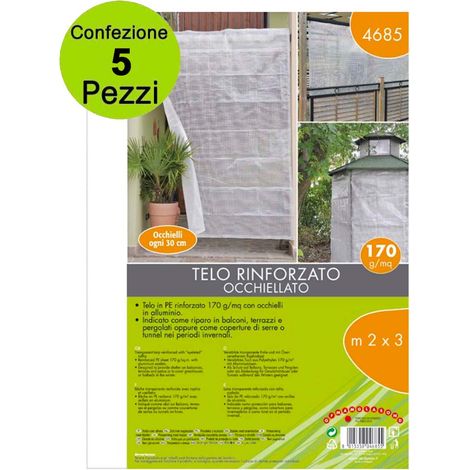 Multipack 5 pz telone occhiellato di protezione rinforzato in pe trasparente 170 g/mq 2x3 metri