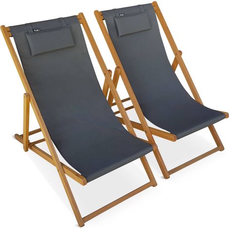 Chiliennes bois - Creus - 2 transats en bois d'Eucalyptus huilé avec coussin repose-tête gris