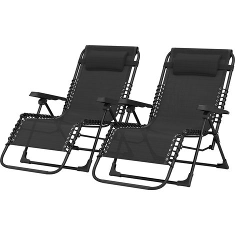 Set aus 2 verstellbaren, klappbaren Sonnenliegen mit Kopfstütze, schwarzes Textilene, 90 x 65 x 112 cm