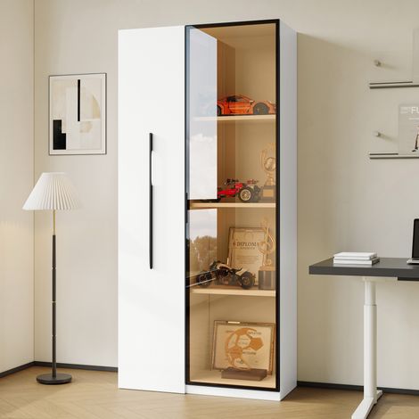 Vitrine multifonction MDF blanc 70 x 40 x 160 cm, bibliothèque latérale coulissante, 1 porte en verre trempé avec LED (1/5)