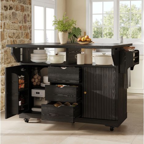 Mobile cucina allungabile, H 95 cm, 3 cassetti, ruote con freno, nero HAVRYA (1/5)