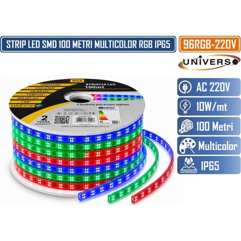 UNIVERSO 96RGB-220V BOBINA 100 METRI STRIP LED IP65 MULTICOLORE RGB 220-240V SMD 5050 10W/M (1/2)
