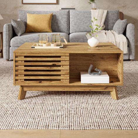 Table Basse Relevable 90x55cm avec Porte Coulissante Persienne, Plateau Réglable et Rangement, Style Rétro Moderne, Effet Bois (1/5)