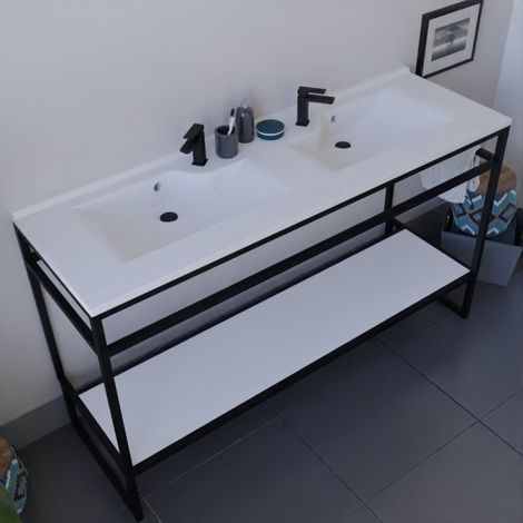 Meuble salle de bain STRUCTURA 140 cm avec plan double vasque- plan stratifié Blanc (1/5)