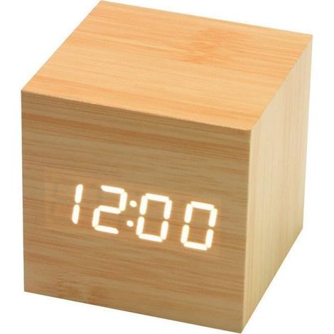 Réveil numérique cube en bois, horloge de voyage portable, affichage de l'heure, de la température et du calendrier, jaune (1/5)