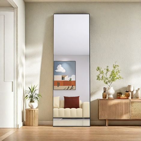 Miroir sur pied 162 x 53 cm - Miroir en pied rectangulaire - Grand miroir de maquillage - Cadre en aluminium noir à bords fins - Style moderne - Salon/chambre (1/5)