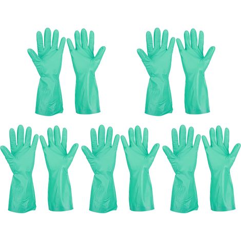 Packung mit 5 Paar wiederverwendbaren Nitrilhandschuhen, beständig gegen Lösungsmittel, Säuren und Laugen, für Haushalt, Beruf und Labor. Länge: 32 cm. (1/5)
