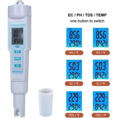 4 en 1 Testeur Numérique pH/EC/TDS/ Mètre et Compteur de Température 0.01 PH Haute Précision Testeur de Qualité de L'eau pour les Ménages Potables, Piscine et Aquarium (1/4)