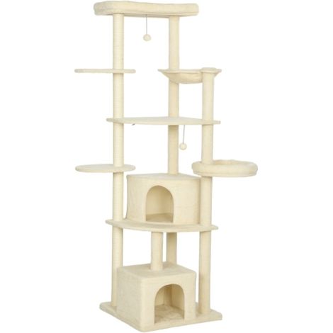 Tiragraffi alto 2 metri, adatto per 2-3 gatti, con pali per graffiare, grotte, amache, nascondigli, design multistrato, realizzato in sisal, legno, peluche e beige. (1/5)