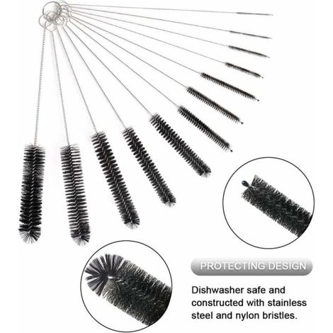 12 pièces de brosses de nettoyage pour tubes, brosse de curage, outil d'entretien pour biberons, gourdes, bouilloires et claviers, noir (1/3)