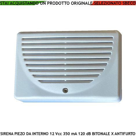 Sirena Trasduttore Piezoelettrico Per Antifurto da Interno Bitonale A/B 1500 +/- 4000 Hz 120 dB Alimentazione 12 Vcc Assorbimento 350 mA 4 Morsetti Polarizzati Protezione Tamper Contenitore ABS IP32