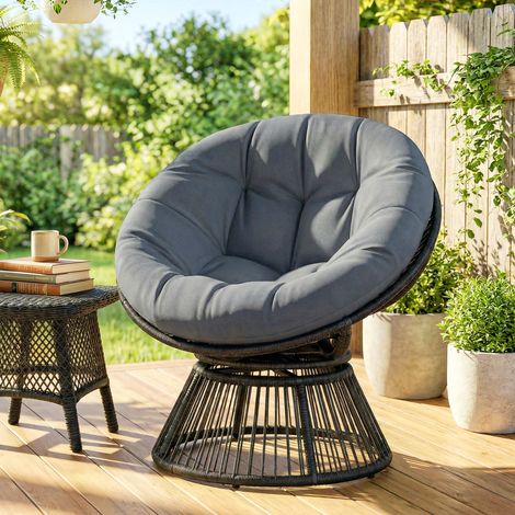 Silla Papasan, giratoria 360°, silla de mimbre con cojín, estructura de acero, silla redonda de ratán, sillón, gris