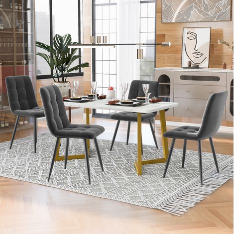 Set tavolo e 4 sedie 117 cm, tavolo rettangolare effetto marmo, velluto grigio (1/5)