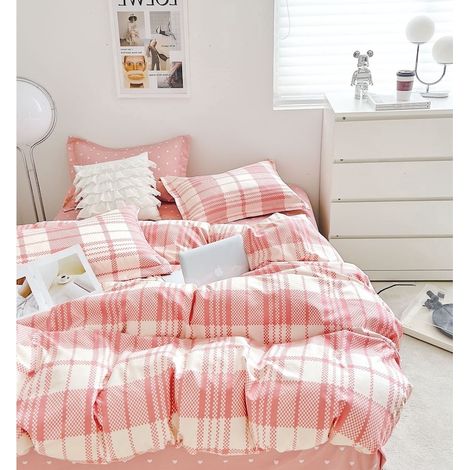 Parure de lit pour lit double, en tissu FINET, 6 pièces : drap-housse 180x200 cm, housse de couette 200x230 cm, 2 taies d’oreiller 70x70 cm, 2 taies d’oreiller 55x75 cm, imprimé rose pêche (1/5)