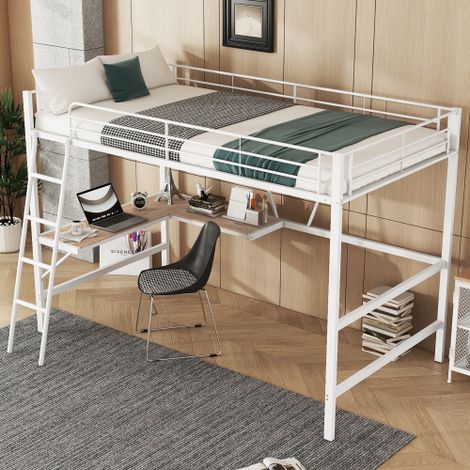 Okwish – Lit mezzanine 90x200 cm en métal blanc – Bureau en L et étagères intégrées – Hauteur 180,5 cm – Capacité 120 kg – Pour adolescents et adultes (1/5)