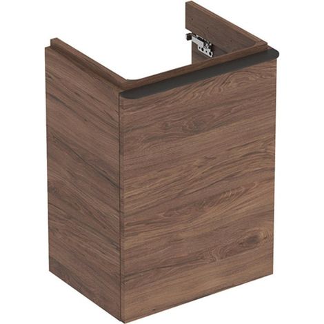 Meuble bas Geberit Smyle Square pour lave-mains,avec une porte: Largeur 44.2cm, Hauteur 61.7cm, Profondeur 35.6cm, Noyer Carya/mélamine structuré bois, gris velouté / thermopoudré mat, Largeur de lava