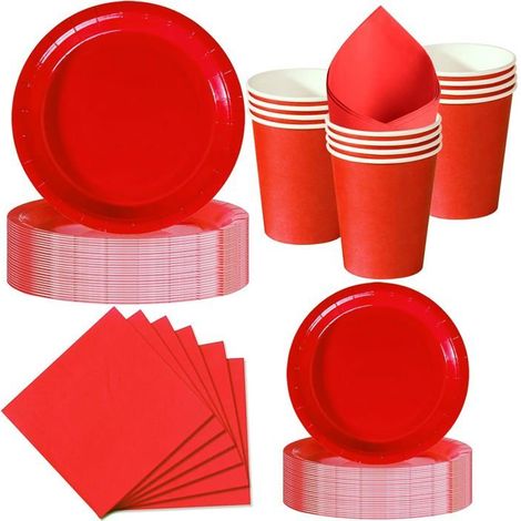 50 pièces vaisselle jetable, assiettes rouges 23 cm et 18 cm, gobelets + serviettes, fête intérieure/extérieure