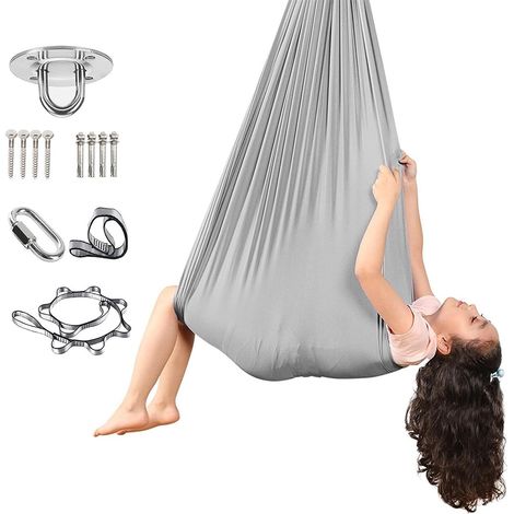 Trona sensorial con accesorios: silla colgante y columpio de yoga. Para interior y exterior. 150 x 280 cm. Gris.