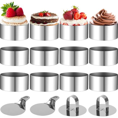 Juego de 12 aros de repostería, aros de presentación de 8 cm con 2 tapas y 2 bases, cortadores de galletas redondos de acero inoxidable, aros circulares para mousse para pasteles, postres y mousses. (1/5)