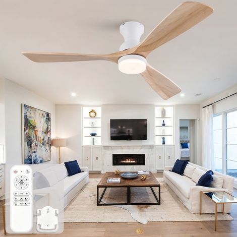 Ventilateur de Plafond avec Éclairage LED Télécommande 131cm 52" Blanc Bois Naturel - 3 Pales Bois Massif Moteur DC Silencieux Réversible 6 Vitesses