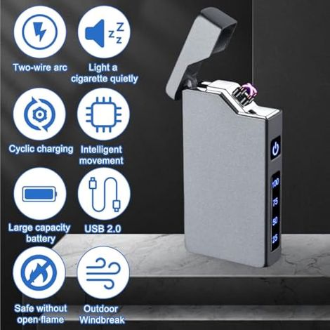 - Briquet électronique USB, briquet à arc électrique LED avec double arc, indicateur de batterie, coupe-vent, briquet plasma électrique avec bote cadeau (MatFoncéGris) (1/3)