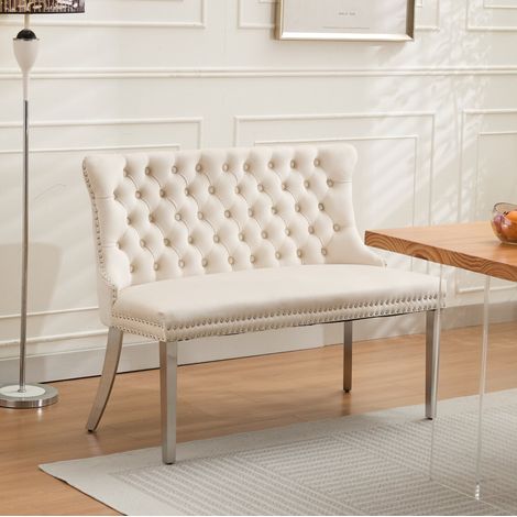 Banquette de salle à manger 2 places avec boutons faits main, dossier ailes, pieds en acier inoxydable brossé argent, velours beige (1/5)