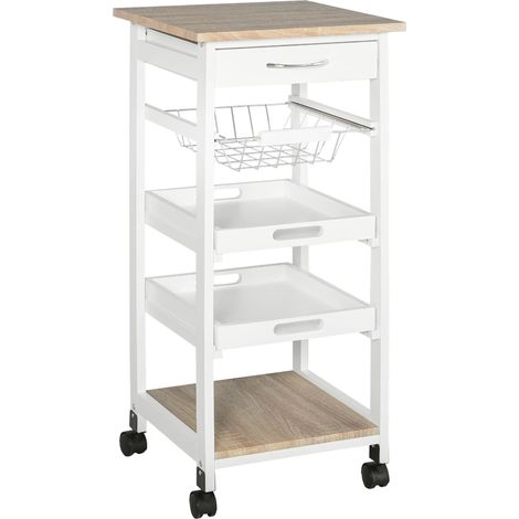 HOMCOM Chariot de service desserte de cuisine à roulettes panier + 2 plateaux amovibles, tiroir, étagère MDF chêne clair bois pin blanc (1/5)