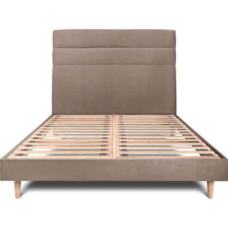 Lit 140x190cm avec tête de lit lignes velours et sommier kit taupe - Hauteur totale : 29cm (1/5)