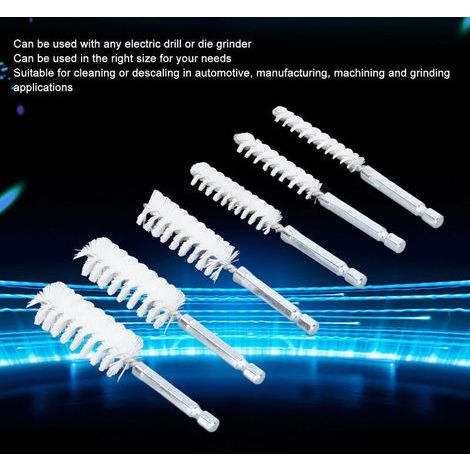 Lot de 6 brosses d'alésage en acier inoxydable de différentes tailles , brosse métallique torsadée avec poignée de 6,35 mm à tige hexagonale pour tubes et ports (1/3)