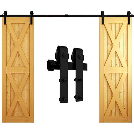 304cm Noir Grange Bois Double Ensemble de Hardware porte coulissante en acier Barn Bois Double porte coulissante matériel Track Rolller (1/5)