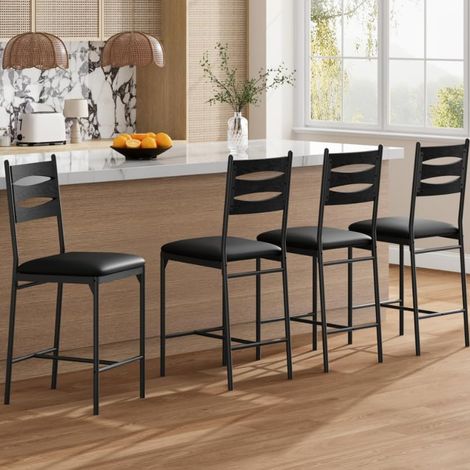 Lot de 4 Tabourets de Bar avec Dossier et Coussin Rembourré, Chaise Haute en PU et Métal Style Industriel Marron pour Cuisine, Îlot et Salle à Manger, Noir (1/5)