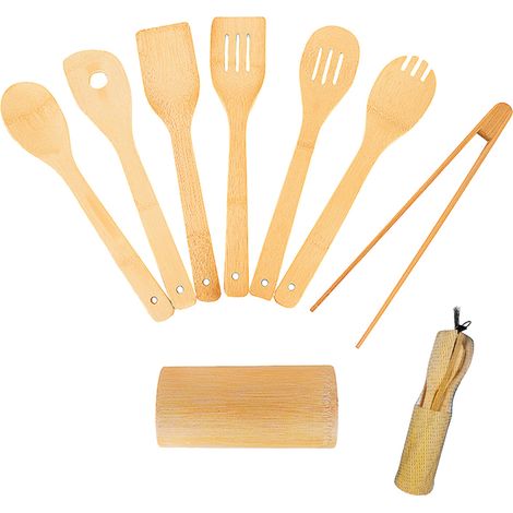 Cuillère En Bois - Lot De 8 Cuillères En Bambou Pour Cuisine - Compatible Avec Casseroles Antiadhésives - 30 x 6 cm (1/5)