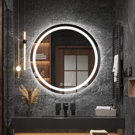 Miroir Salle de Bain avec Éclairage 60cm Rond, Miroir Mural avec Éclairage Frontal, avec Fonction Antibuée, Dimmable, avec 3 Couleurs Lumière (1/5)