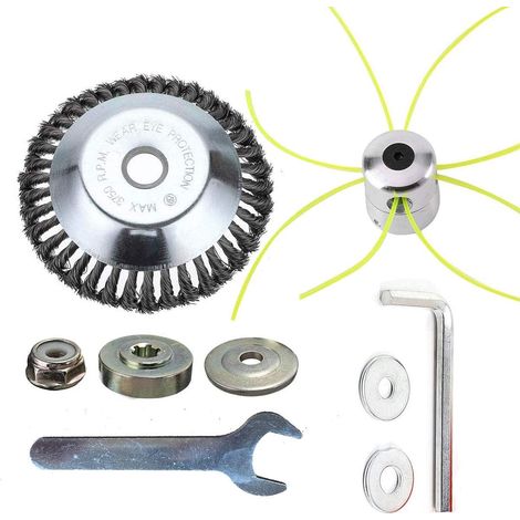 Tete Debroussailleuse Universelle, Tête de Débroussailleuse Aluminium et Brosse Metallique Acier 8” pour Coupe-Broussailles ( thermique ou electrique) Inclus Matériel d’Installation Outils - 8" (1/5)