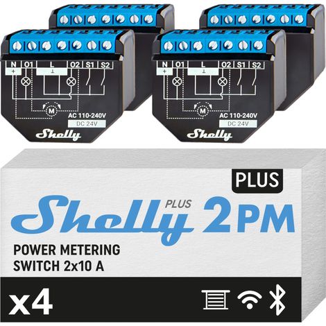 Shelly Plus 2PM packa da quattro, interruttore Relè Wi-Fi a 2 canali, consente controllo di luci e interruttori o apertura e chiusura di tapparelle e misurazione della potenza rilevata, nero