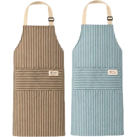 Tablier Femme avec Poches, 2 Pièces Bleu et Café Rayures, Tablier de Cuisine en Coton et Lin, Réglable pour Cuisson Barbecue Pâtisserie Jardinage Nettoyage Restaurant (1/5)